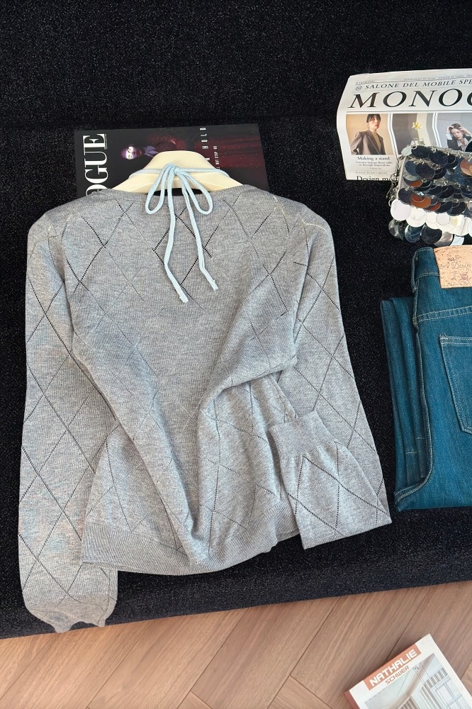 Women's Faux Two-Piece Tie Knit Top Slimming Long Sleeve Halter Neck - Image 5